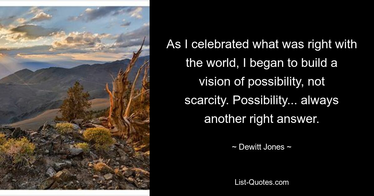 As I celebrated what was right with the world, I began to build a vision of possibility, not scarcity. Possibility... always another right answer. — © Dewitt Jones