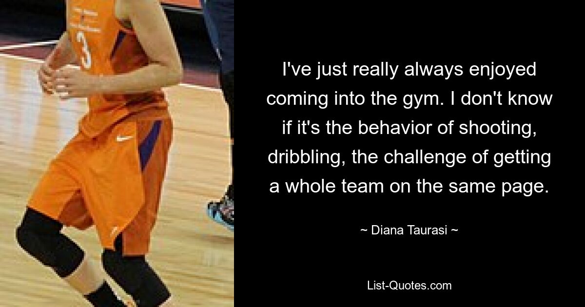 I've just really always enjoyed coming into the gym. I don't know if it's the behavior of shooting, dribbling, the challenge of getting a whole team on the same page. — © Diana Taurasi