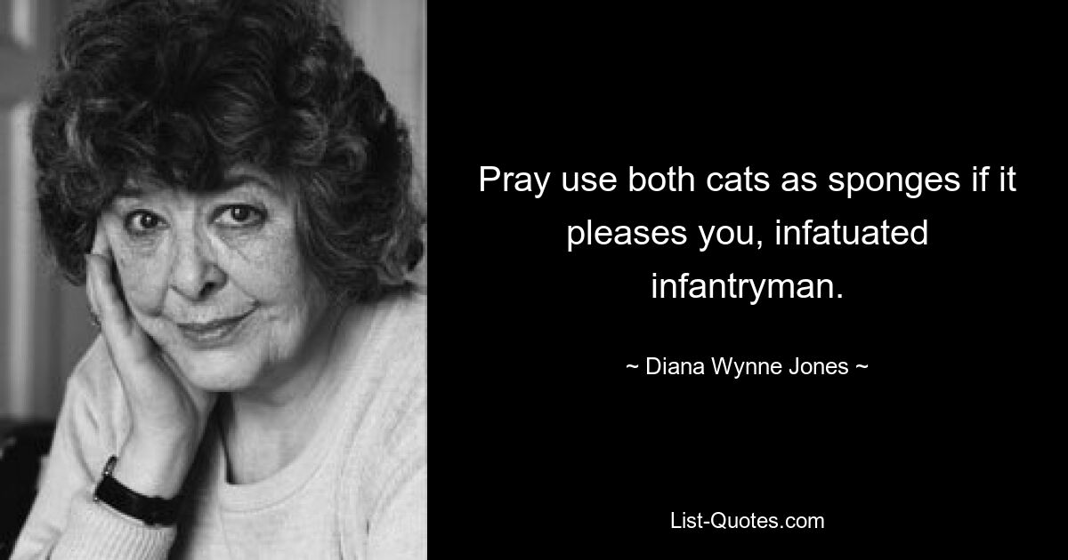 Pray use both cats as sponges if it pleases you, infatuated infantryman. — © Diana Wynne Jones