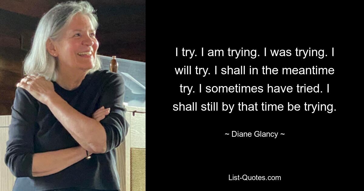 Ich versuche es. Ich versuche es. Ich habe es versucht. Ich werde versuchen. Ich werde es in der Zwischenzeit versuchen. Ich habe es manchmal versucht. Bis dahin werde ich es immer noch versuchen. — © Diane Glancy