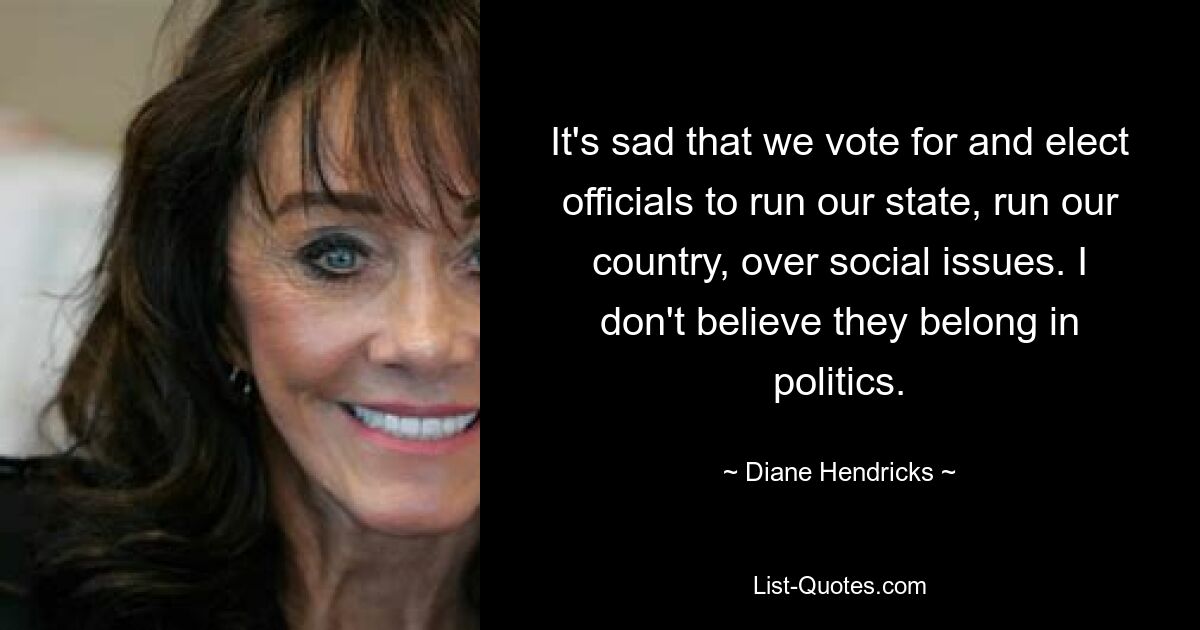 It's sad that we vote for and elect officials to run our state, run our country, over social issues. I don't believe they belong in politics. — © Diane Hendricks