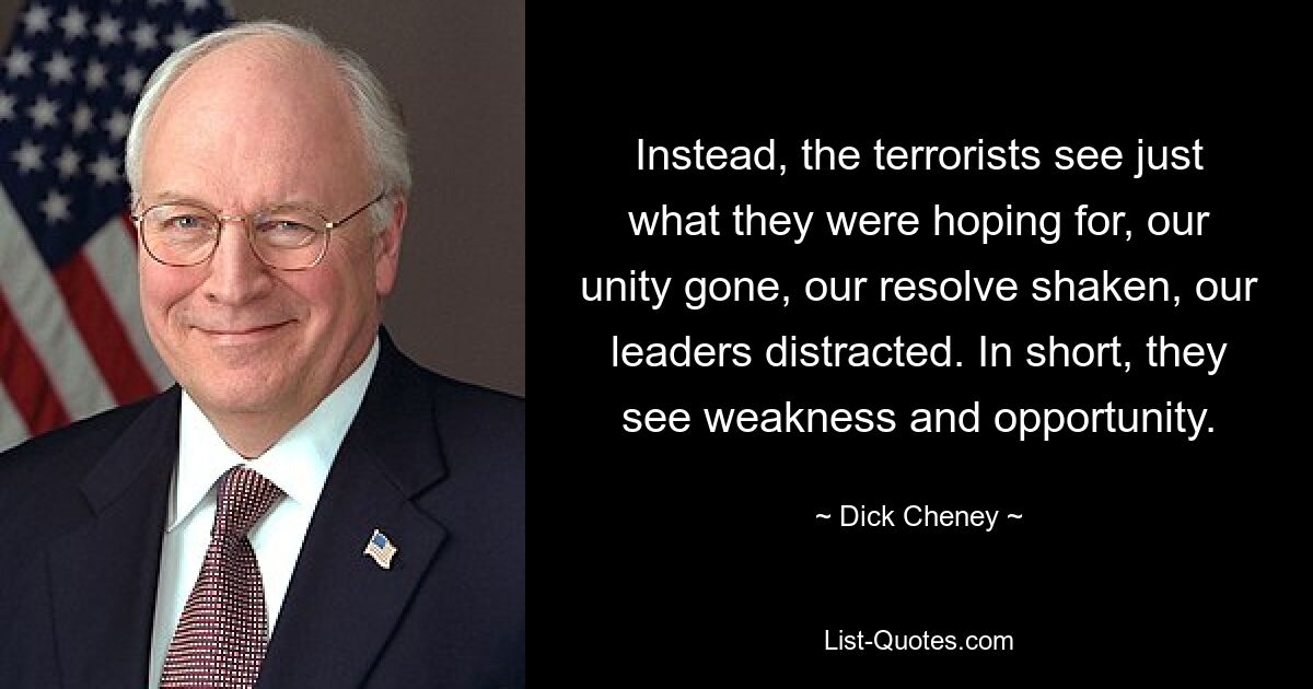 Instead, the terrorists see just what they were hoping for, our unity gone, our resolve shaken, our leaders distracted. In short, they see weakness and opportunity. — © Dick Cheney