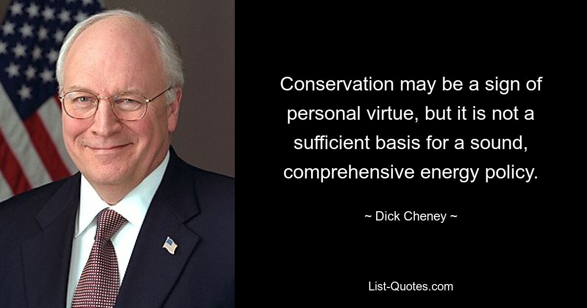 Conservation may be a sign of personal virtue, but it is not a sufficient basis for a sound, comprehensive energy policy. — © Dick Cheney