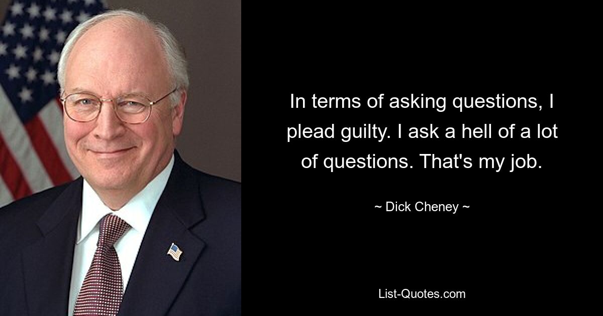 In terms of asking questions, I plead guilty. I ask a hell of a lot of questions. That's my job. — © Dick Cheney