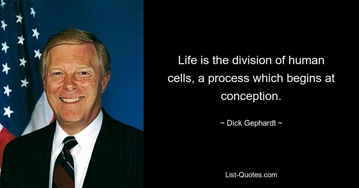 Life is the division of human cells, a process which begins at conception. — © Dick Gephardt