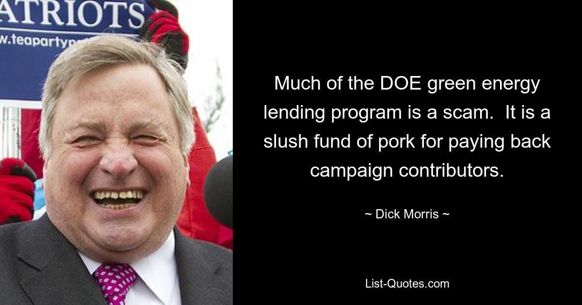 Much of the DOE green energy lending program is a scam.  It is a slush fund of pork for paying back campaign contributors. — © Dick Morris