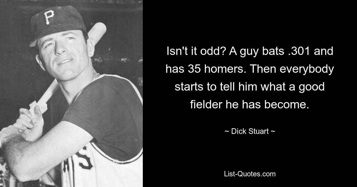 Isn't it odd? A guy bats .301 and has 35 homers. Then everybody starts to tell him what a good fielder he has become. — © Dick Stuart