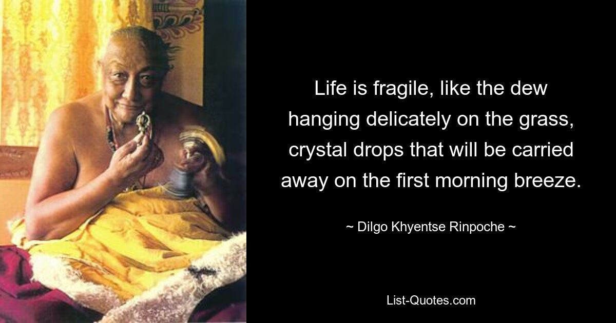 Life is fragile, like the dew hanging delicately on the grass, crystal drops that will be carried away on the first morning breeze. — © Dilgo Khyentse Rinpoche