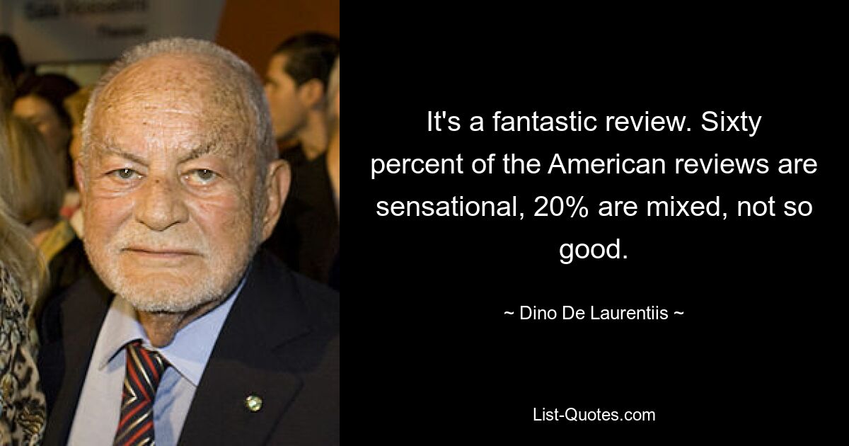 It's a fantastic review. Sixty percent of the American reviews are sensational, 20% are mixed, not so good. — © Dino De Laurentiis