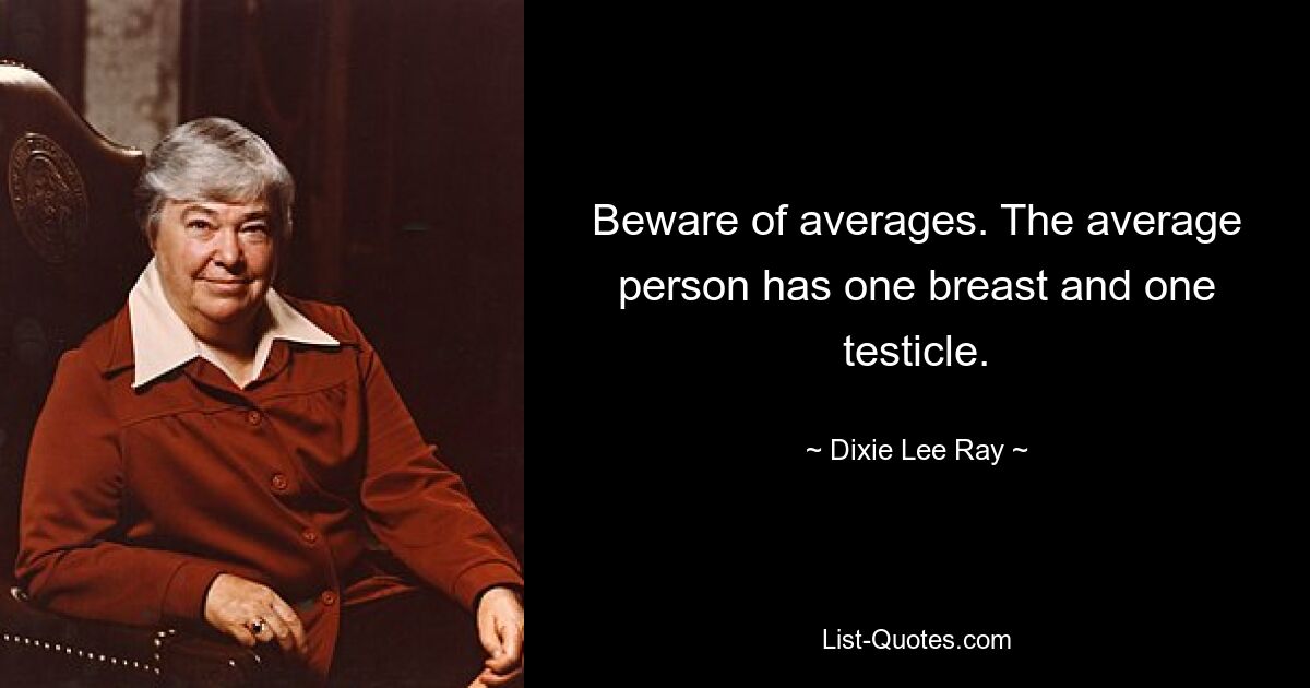 Beware of averages. The average person has one breast and one testicle. — © Dixie Lee Ray