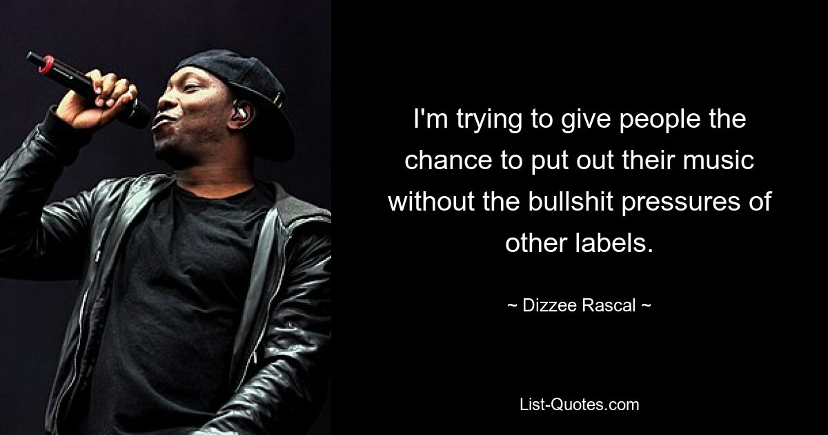 I'm trying to give people the chance to put out their music without the bullshit pressures of other labels. — © Dizzee Rascal