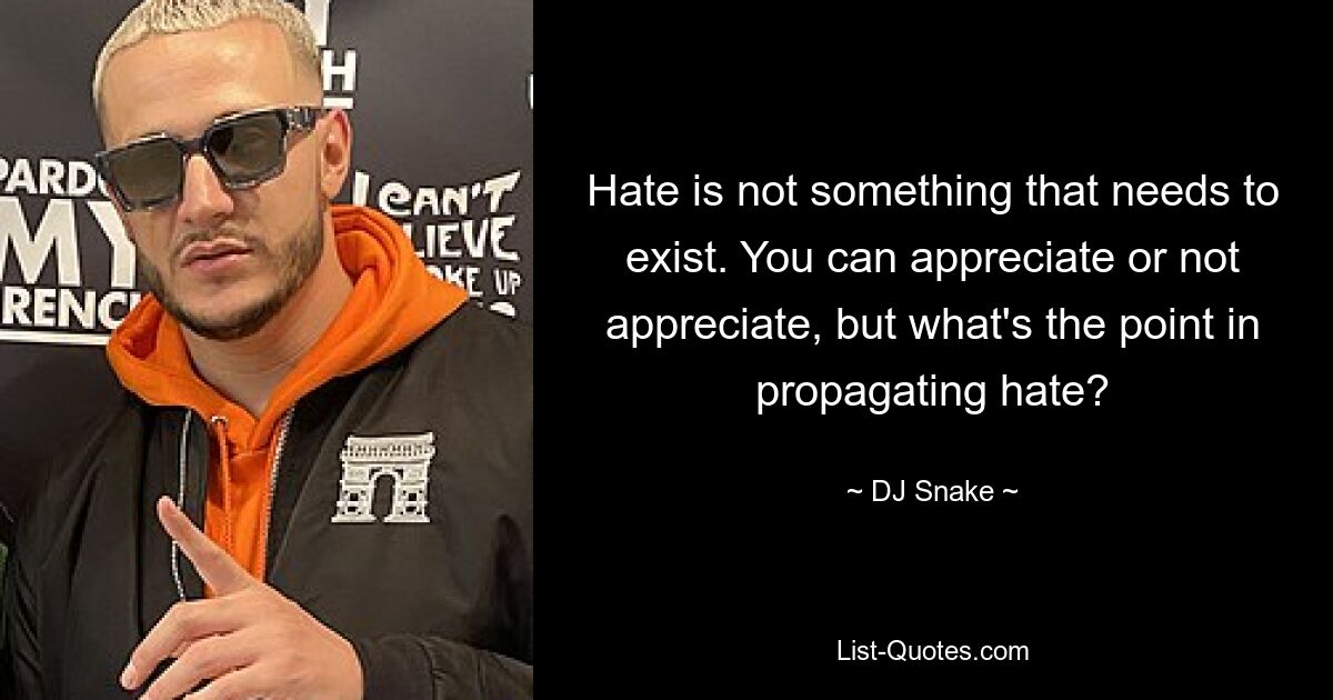 Hate is not something that needs to exist. You can appreciate or not appreciate, but what's the point in propagating hate? — © DJ Snake