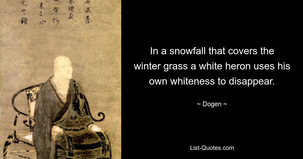 In a snowfall that covers the winter grass a white heron uses his own whiteness to disappear. — © Dogen