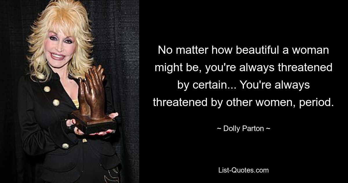 No matter how beautiful a woman might be, you're always threatened by certain... You're always threatened by other women, period. — © Dolly Parton