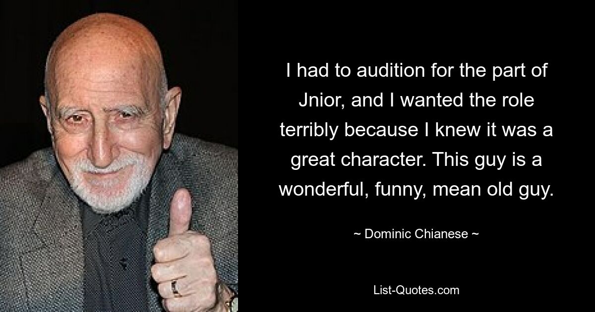 I had to audition for the part of Jnior, and I wanted the role terribly because I knew it was a great character. This guy is a wonderful, funny, mean old guy. — © Dominic Chianese