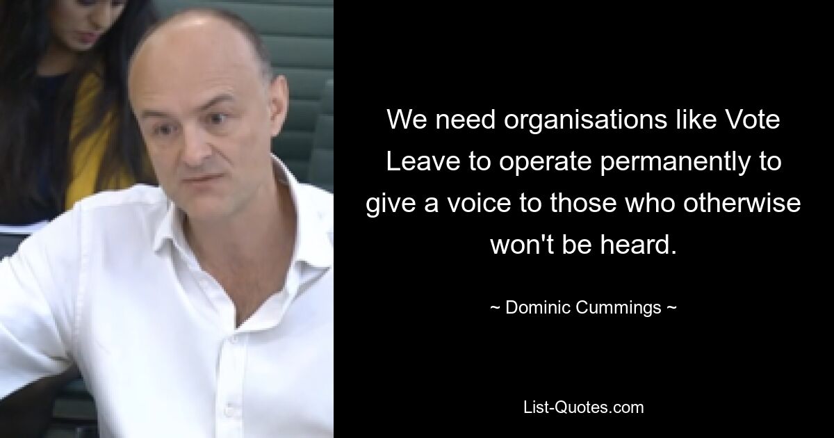 We need organisations like Vote Leave to operate permanently to give a voice to those who otherwise won't be heard. — © Dominic Cummings