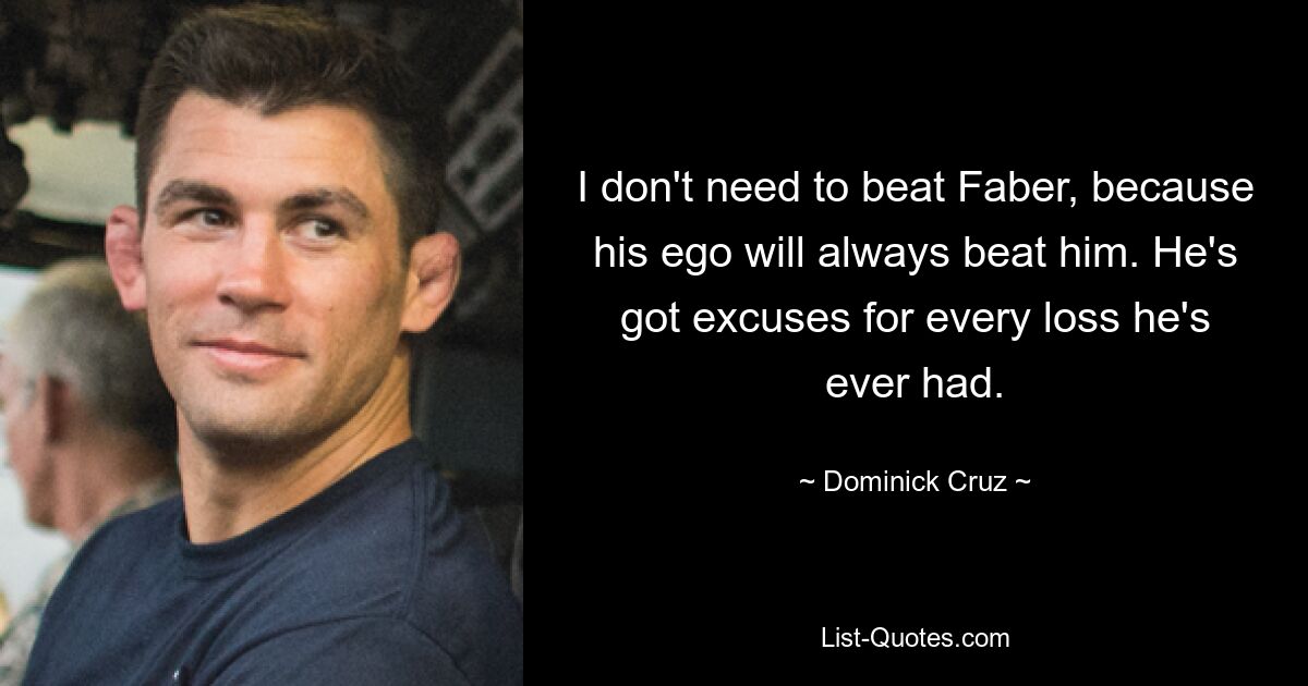 I don't need to beat Faber, because his ego will always beat him. He's got excuses for every loss he's ever had. — © Dominick Cruz