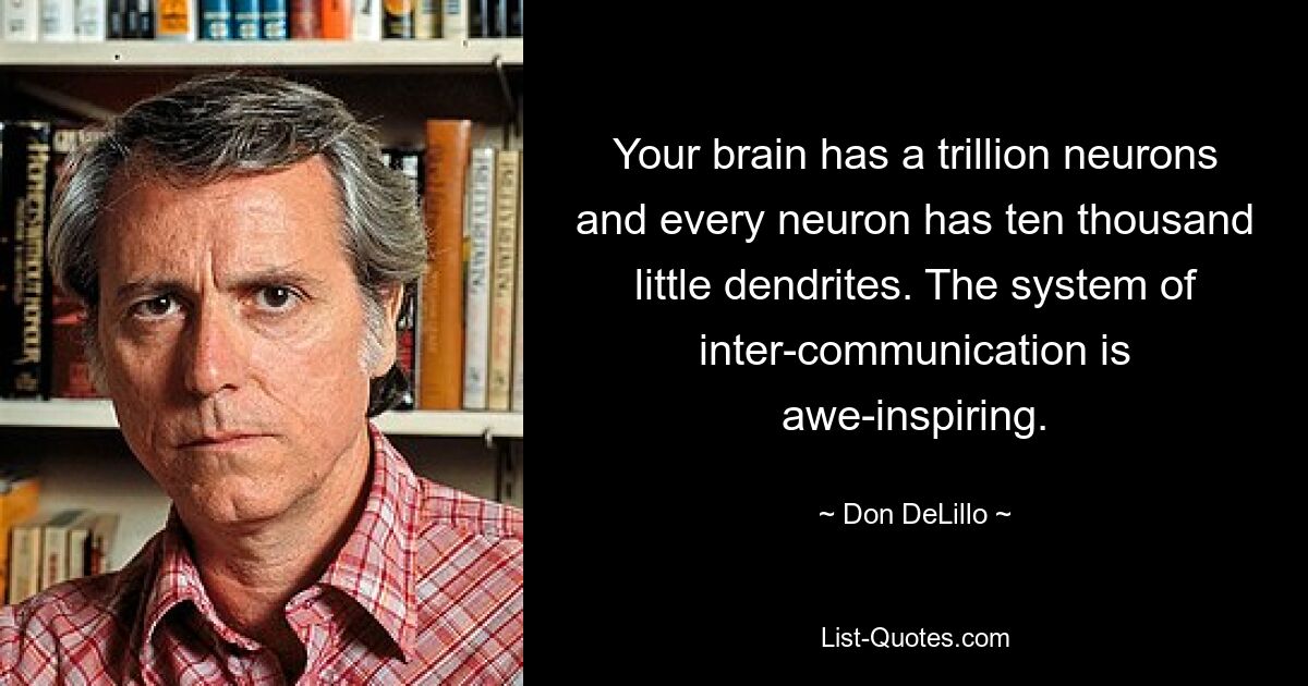 Your brain has a trillion neurons and every neuron has ten thousand little dendrites. The system of inter-communication is awe-inspiring. — © Don DeLillo