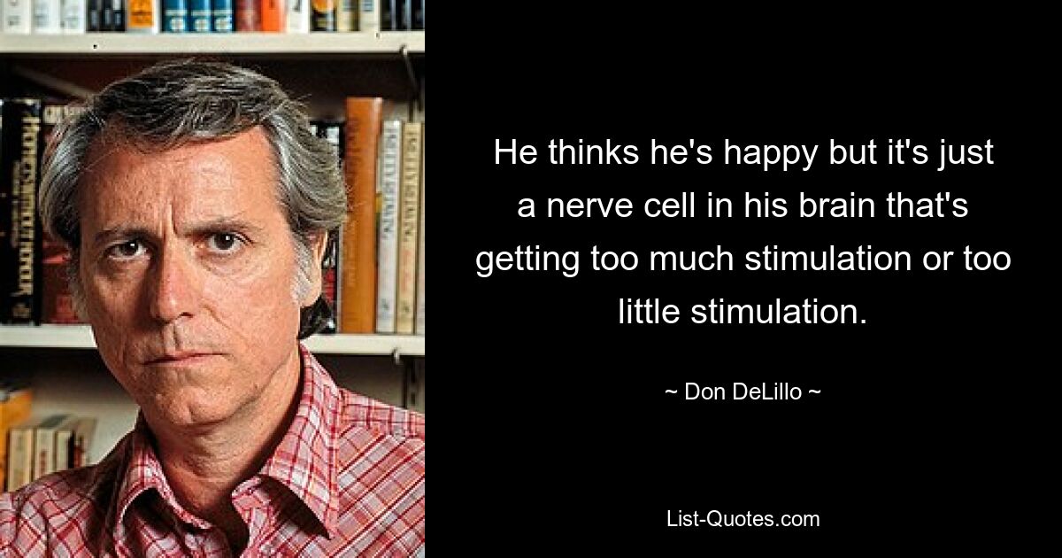 He thinks he's happy but it's just a nerve cell in his brain that's getting too much stimulation or too little stimulation. — © Don DeLillo