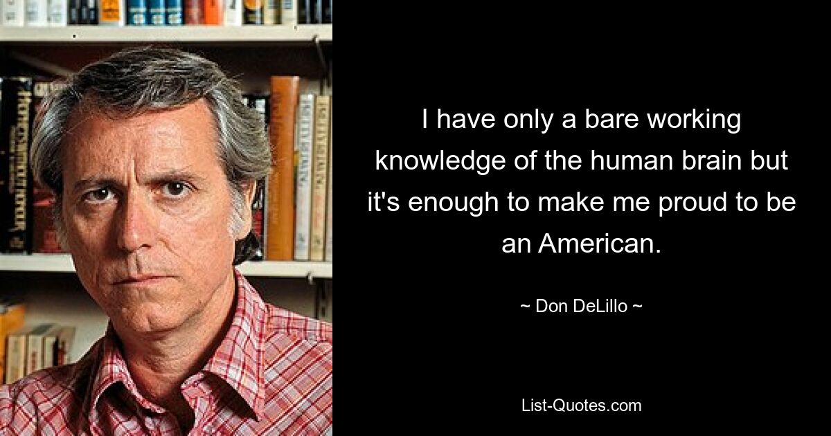 I have only a bare working knowledge of the human brain but it's enough to make me proud to be an American. — © Don DeLillo