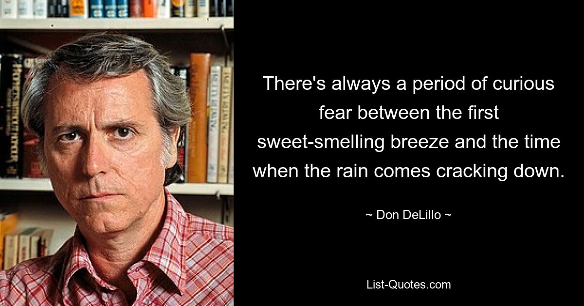 There's always a period of curious fear between the first sweet-smelling breeze and the time when the rain comes cracking down. — © Don DeLillo