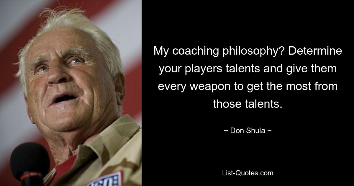 My coaching philosophy? Determine your players talents and give them every weapon to get the most from those talents. — © Don Shula