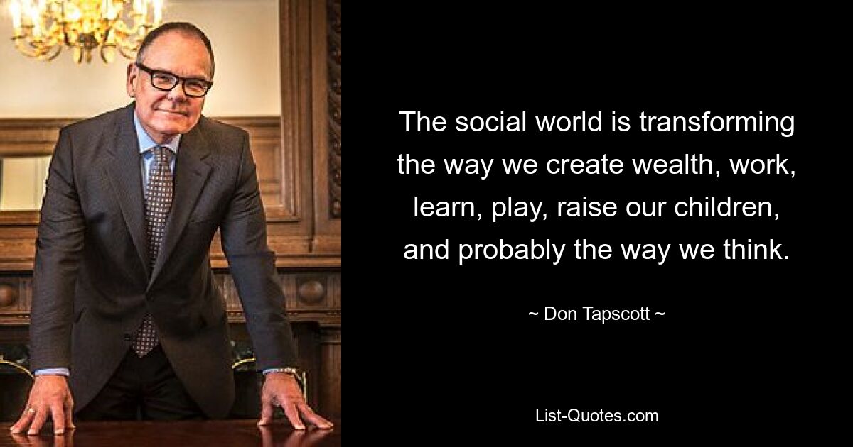 The social world is transforming the way we create wealth, work, learn, play, raise our children, and probably the way we think. — © Don Tapscott