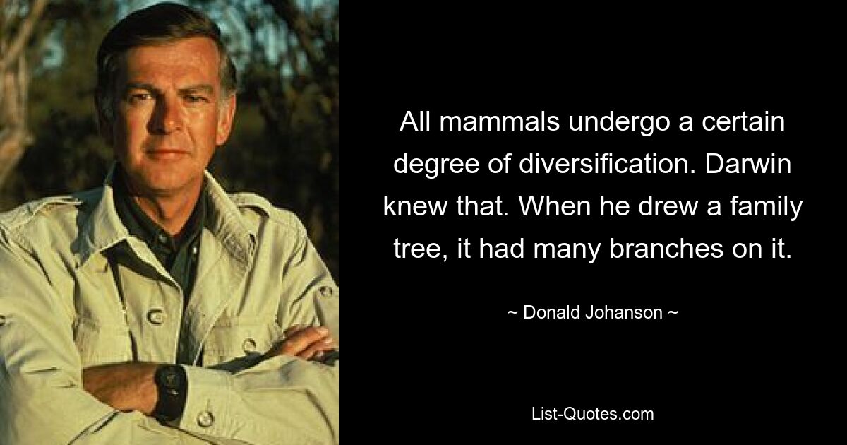 All mammals undergo a certain degree of diversification. Darwin knew that. When he drew a family tree, it had many branches on it. — © Donald Johanson