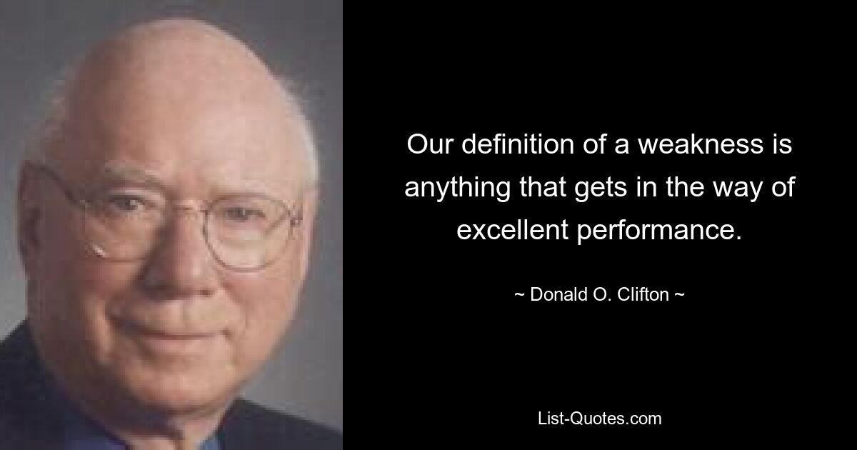 Our definition of a weakness is anything that gets in the way of excellent performance. — © Donald O. Clifton