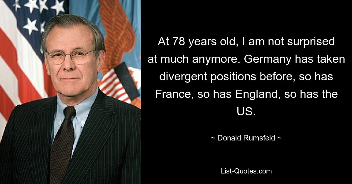 At 78 years old, I am not surprised at much anymore. Germany has taken divergent positions before, so has France, so has England, so has the US. — © Donald Rumsfeld