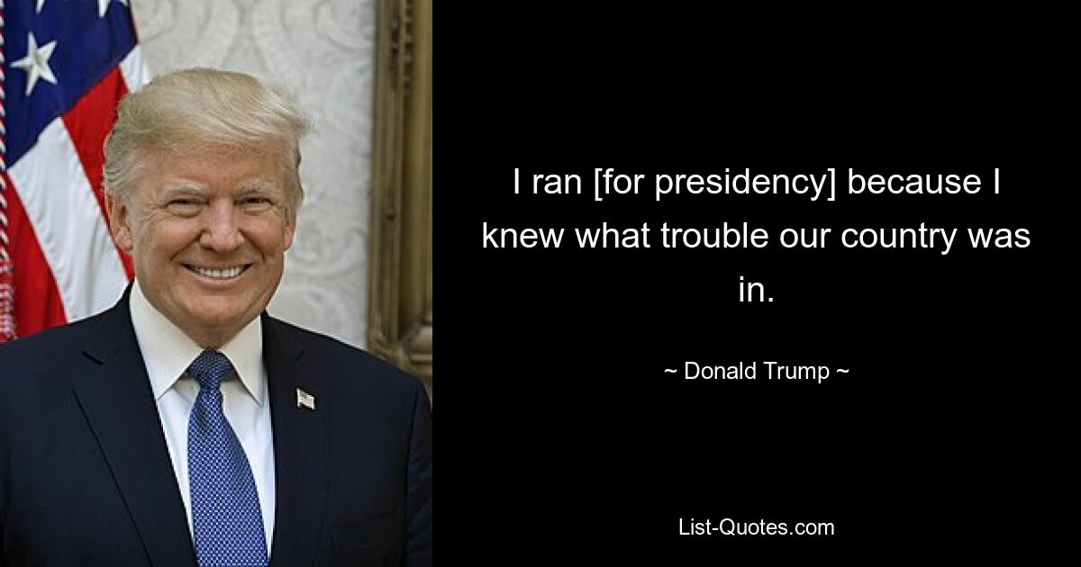 I ran [for presidency] because I knew what trouble our country was in. — © Donald Trump