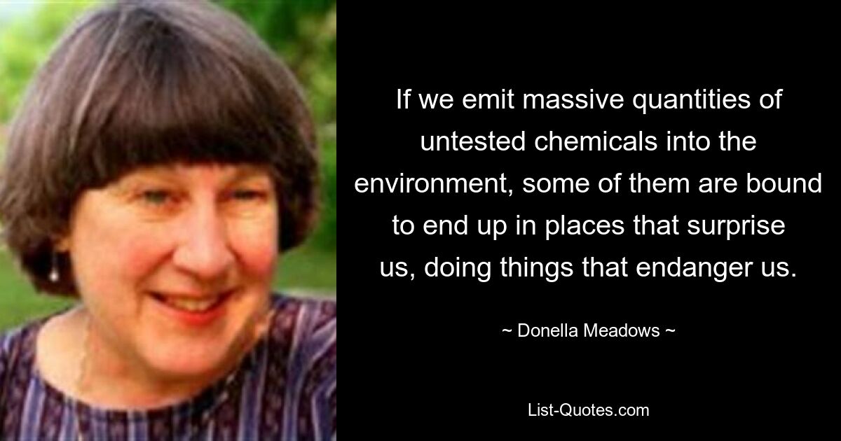 If we emit massive quantities of untested chemicals into the environment, some of them are bound to end up in places that surprise us, doing things that endanger us. — © Donella Meadows