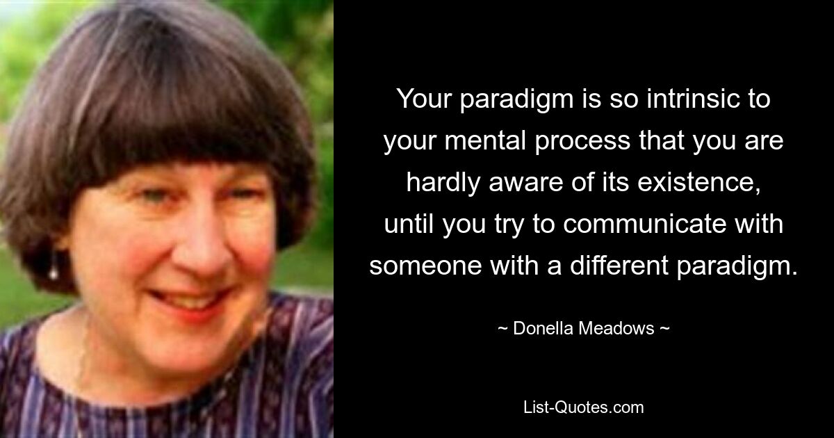 Your paradigm is so intrinsic to your mental process that you are hardly aware of its existence, until you try to communicate with someone with a different paradigm. — © Donella Meadows