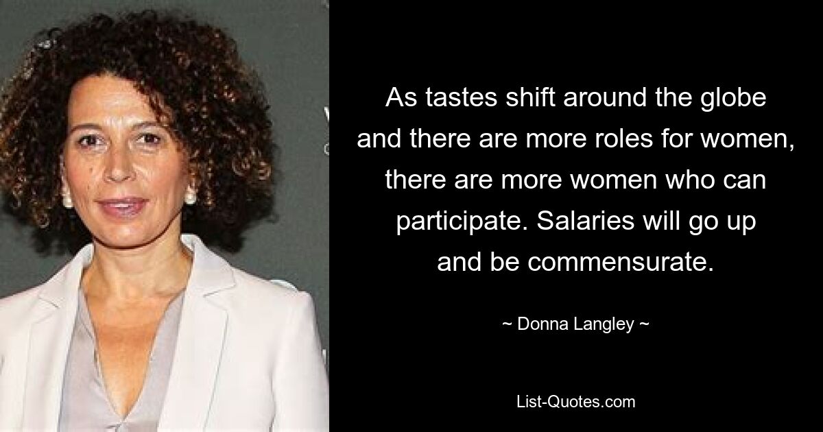 As tastes shift around the globe and there are more roles for women, there are more women who can participate. Salaries will go up and be commensurate. — © Donna Langley