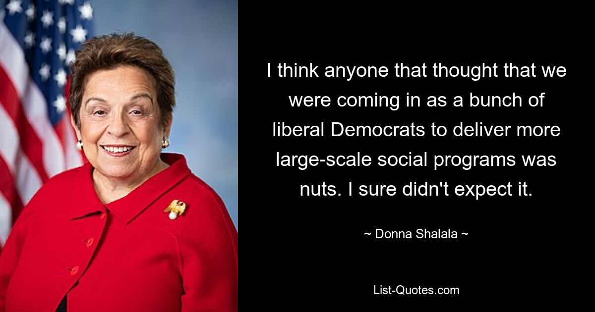 I think anyone that thought that we were coming in as a bunch of liberal Democrats to deliver more large-scale social programs was nuts. I sure didn't expect it. — © Donna Shalala