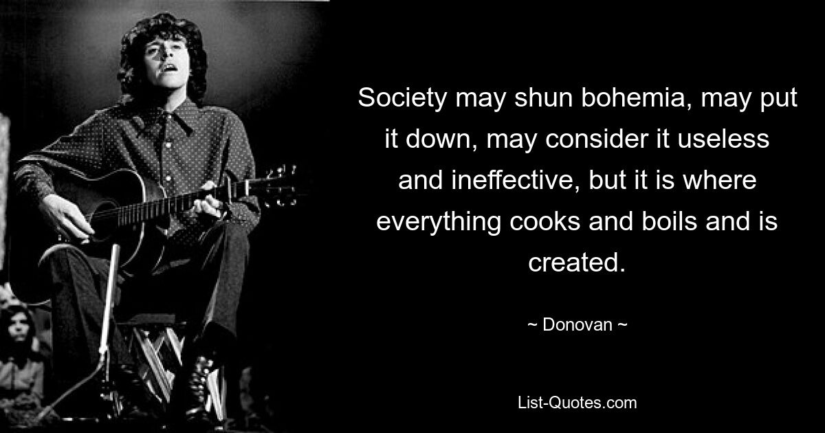 Society may shun bohemia, may put it down, may consider it useless and ineffective, but it is where everything cooks and boils and is created. — © Donovan