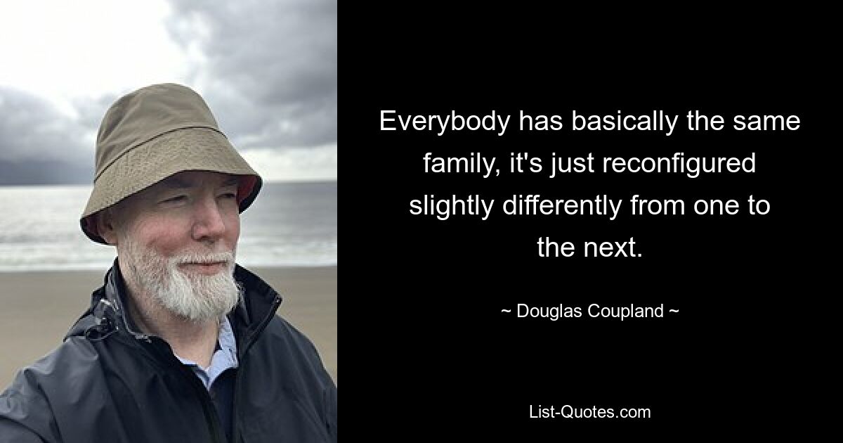 Everybody has basically the same family, it's just reconfigured slightly differently from one to the next. — © Douglas Coupland