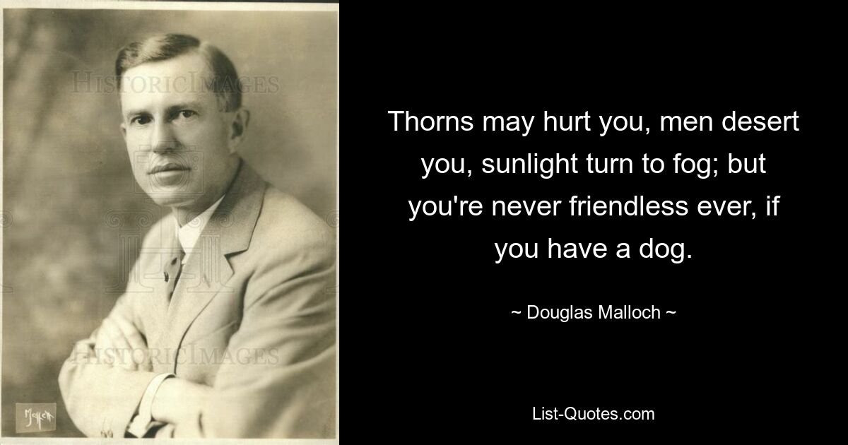 Thorns may hurt you, men desert you, sunlight turn to fog; but you're never friendless ever, if you have a dog. — © Douglas Malloch