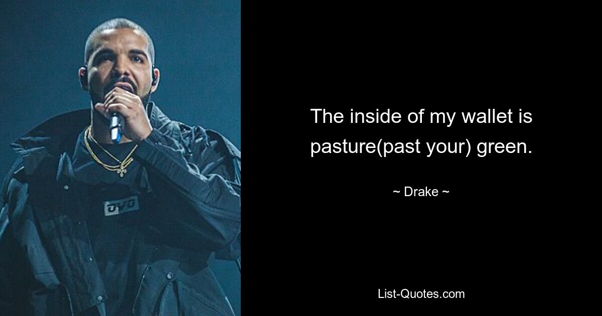 The inside of my wallet is pasture(past your) green. — © Drake