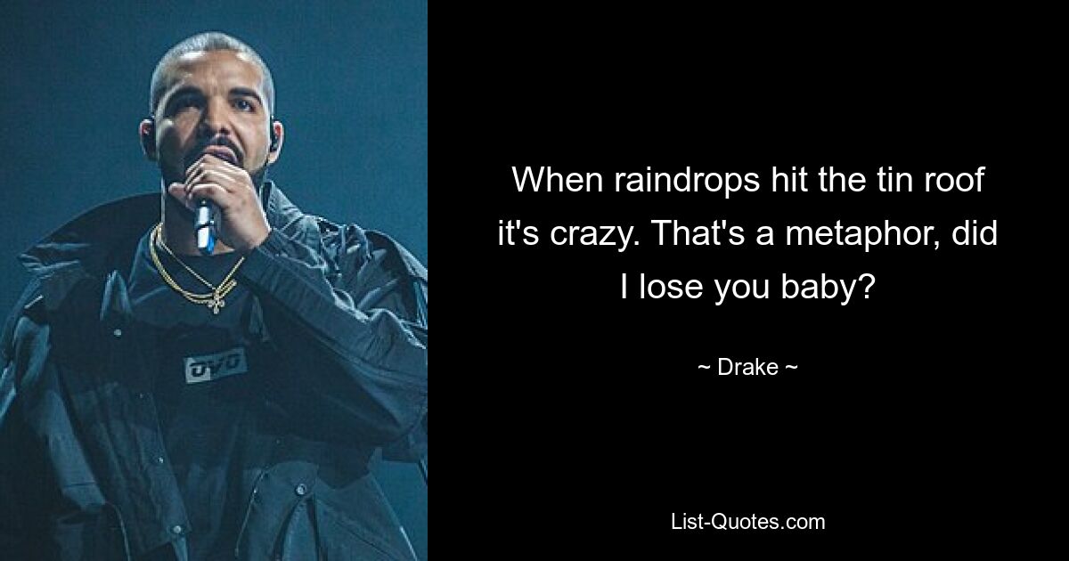 When raindrops hit the tin roof it's crazy. That's a metaphor, did I lose you baby? — © Drake