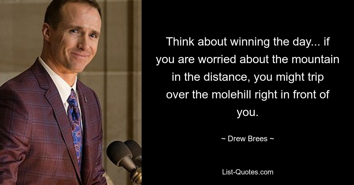 Think about winning the day... if you are worried about the mountain in the distance, you might trip over the molehill right in front of you. — © Drew Brees