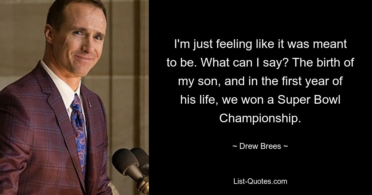 I'm just feeling like it was meant to be. What can I say? The birth of my son, and in the first year of his life, we won a Super Bowl Championship. — © Drew Brees