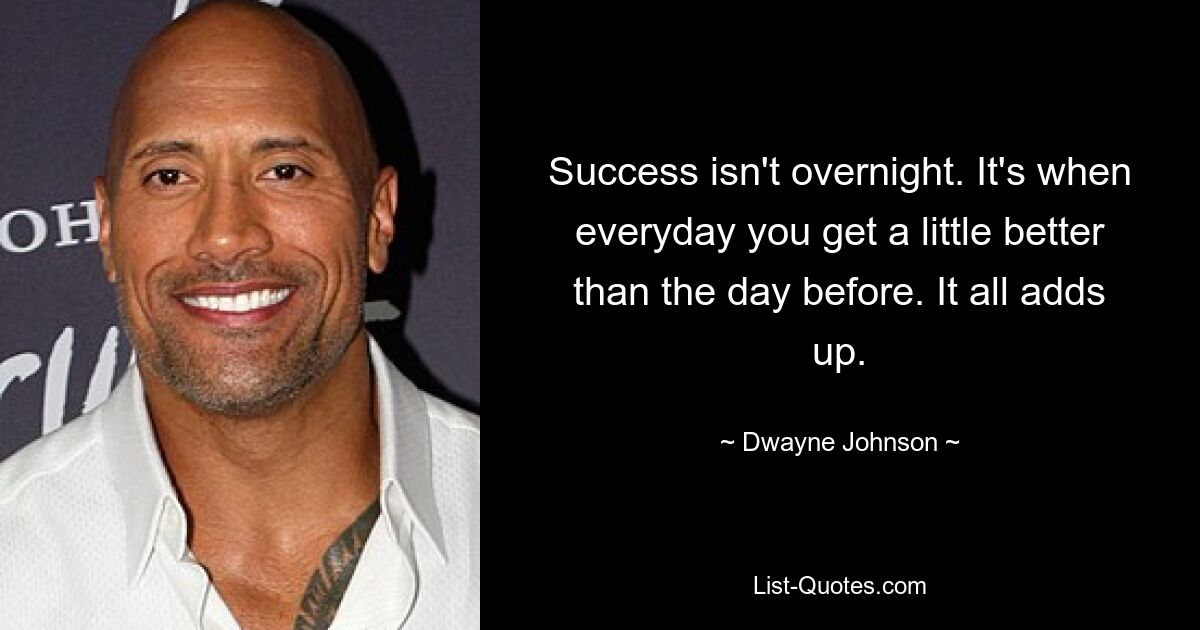 Success isn't overnight. It's when everyday you get a little better than the day before. It all adds up. — © Dwayne Johnson