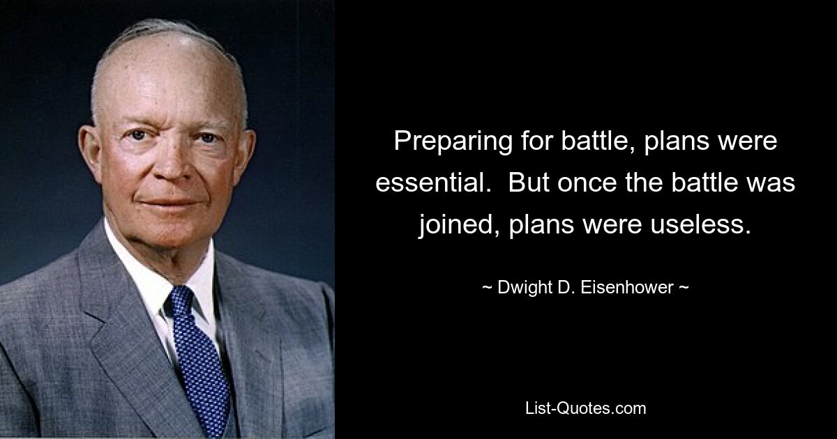 Подготовка к бою, планы были необходимы. Но как только битва вступила в бой, планы были бесполезны. — © Дуайт Д. Эйзенхауэр 