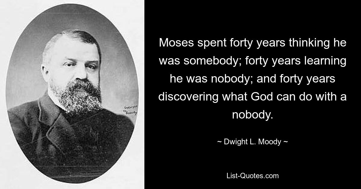 Moses spent forty years thinking he was somebody; forty years learning he was nobody; and forty years discovering what God can do with a nobody. — © Dwight L. Moody