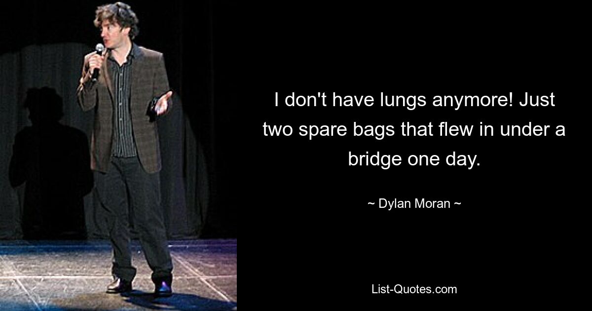 I don't have lungs anymore! Just two spare bags that flew in under a bridge one day. — © Dylan Moran