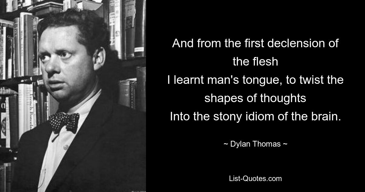 And from the first declension of the flesh
I learnt man's tongue, to twist the shapes of thoughts
Into the stony idiom of the brain. — © Dylan Thomas