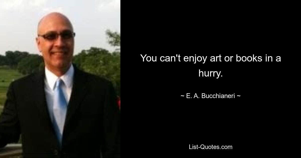 You can't enjoy art or books in a hurry. — © E. A. Bucchianeri