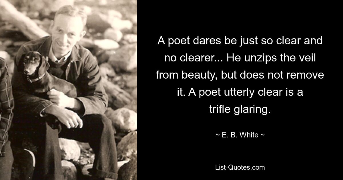 Ein Dichter wagt es, so klar und nicht klarer zu sein ... Er öffnet den Schleier der Schönheit, entfernt ihn aber nicht. Ein völlig klarer Dichter ist ein wenig grell. — © EB White 