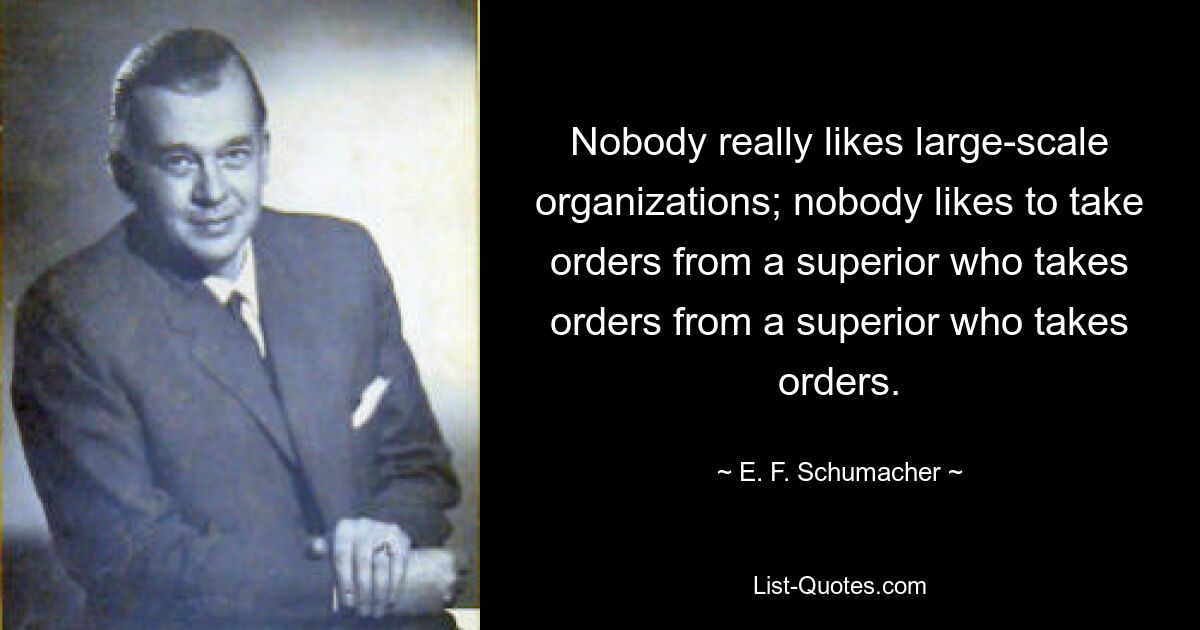 Nobody really likes large-scale organizations; nobody likes to take orders from a superior who takes orders from a superior who takes orders. — © E. F. Schumacher